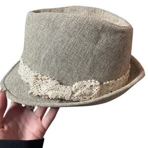 UNBRANDED Straw Lace‎ Trim Tan White Fedora Hat OSFA